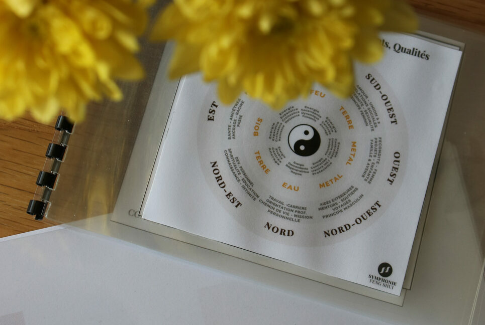Pakua outils d'aménagement intérieur feng shui - Symphonie Feng-Shui, sur une table en bois avec un vase et des fleurs jaunes -Feng Shui Audit Aménagement intérieur Paris.